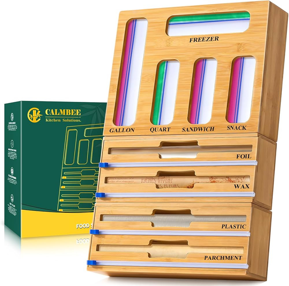 Calmbee Storage Bag Organizer and Wrap Dispenser with Cutter, 2024 New 9 IN 1 Bamboo Foil and Pla... | Amazon (US)