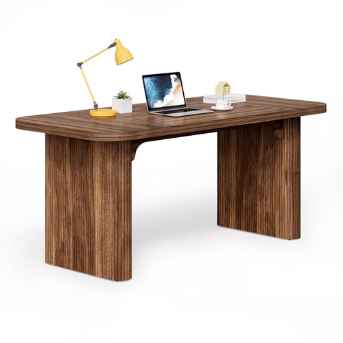 LITTLE TREE 62-Inch Computer Desk, Large Simple Writing Desk with Fluted Doube Pedestal, Modern Home Office Desk, Wooden 5 Ft Small Conference Meeting Seminar Table, Dark Walnut | Amazon (US)