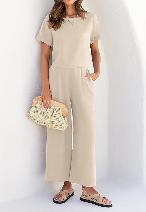 ZESICA Women's 2 Piece Outfits Linen Short Sleeve Crop Top and High Waist Pants Lounge Matching S... | Amazon (US)