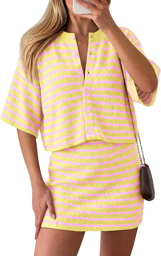 Saodimallsu Womens Two Piece Skirt Set Summer Striped Knit Short Sleeve Button Cardigans And Mini... | Amazon (US)