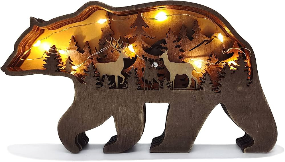 Zagxuade Wooden Brown Bear Desktop Ornament with Light, Forest Animals Table Decor, Wooden Knick ... | Amazon (US)