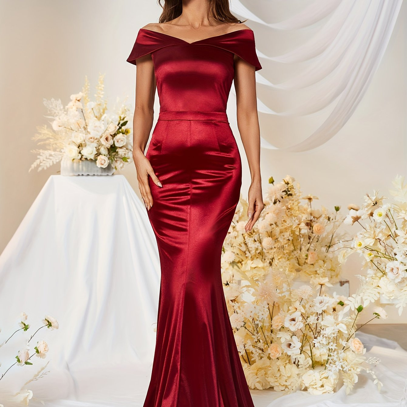 elegant satin mermaid gown women shoulder cap sleeve - Temu Canada | Temu Affiliate Program