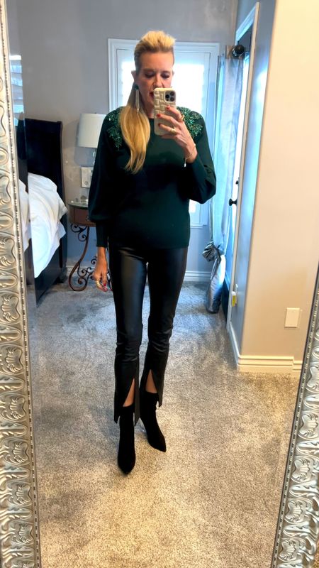 🚨 sale & promo codes
Holiday outfit 
Cute new years outfit too

Beautiful green sweater with embellished shoulders fits tts 30% off

Faux leather front slit pants by Spanx fits tts
Use code for 10% off 

DEARDARCYXSPANX
Great free shipping and returns too

Booties by Cecilia  New York 
Black suede and clear acrylic heal for a fun pop tts

Statement earrings under $45
Emerald and rhinestone 

Dean Davidson ring
