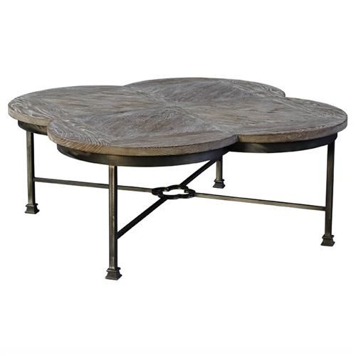 Candy Rustic Lodge Grey Oak Wood Black Iron Clover Classic Coffee Table | Kathy Kuo Home