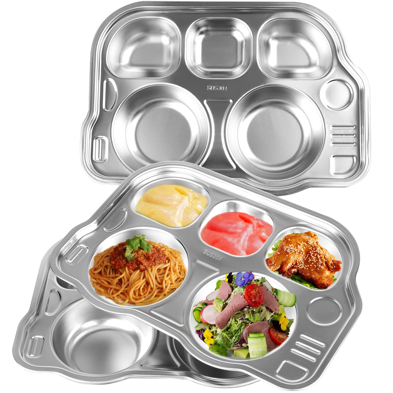 ZEAYEA 3 Pack Stainless Steel Divided Plate, 304 Stainless Divided Platter, 5 Section Car Shape D... | Amazon (US)