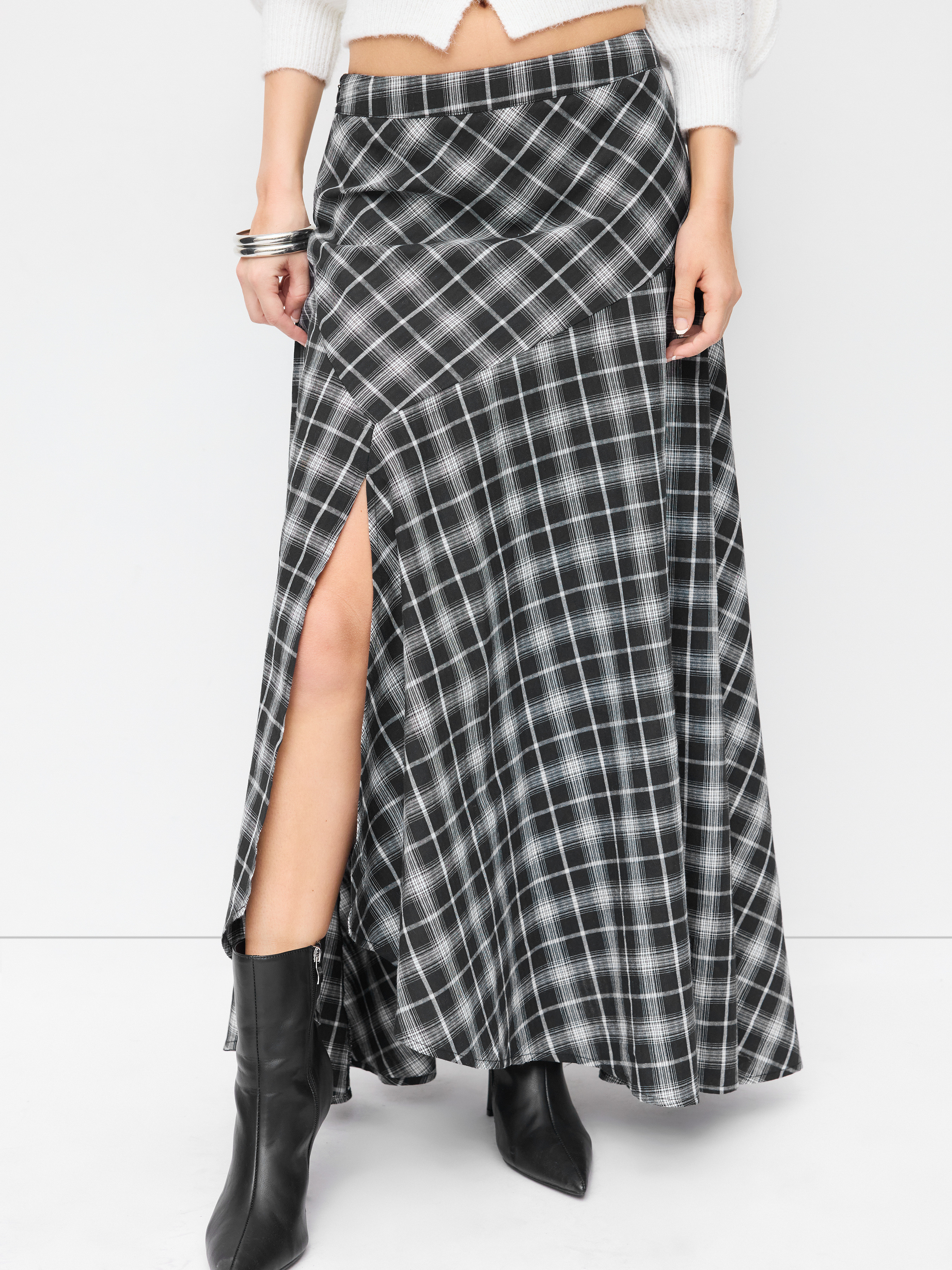 Woven 100% Cotton High Rise Asymmetrical Plaid A-Line Split Maxi Skirt For Daily Casual | Cider