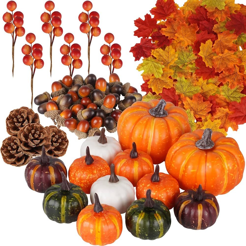Artmag 162 Pcs Fall Artificial Maple Leaves, Harvest Pumpkins, Acorns, Pine Cones and Orange Berr... | Amazon (CA)