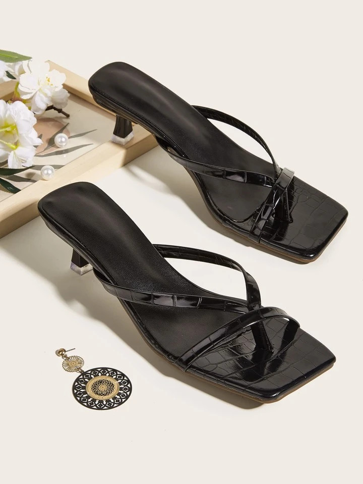 Women Minimalist Stiletto Heeled Thong Sandals, Fashion Black Heeled Sandals | SHEIN