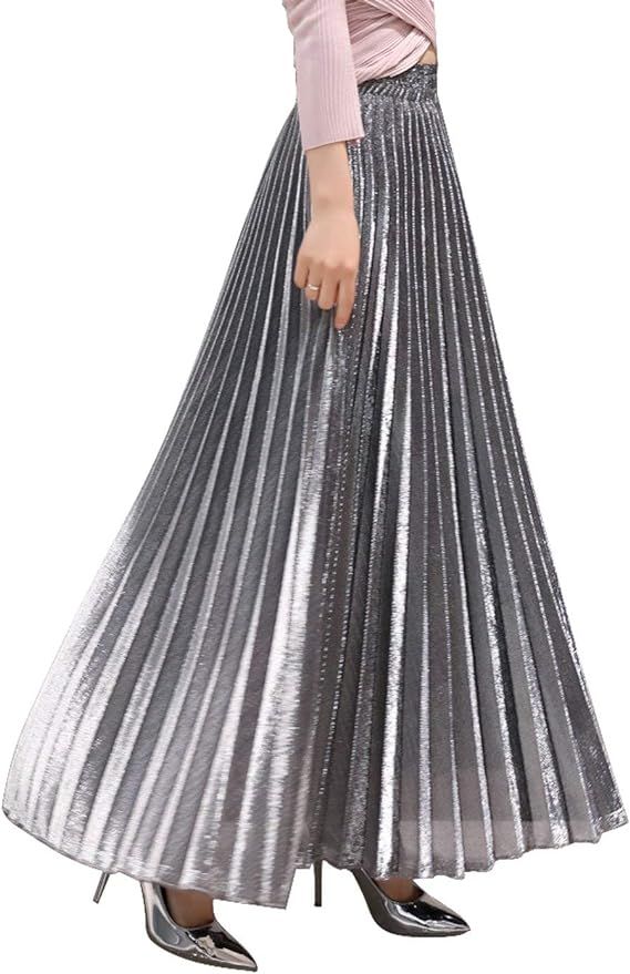 CHARTOU Women's Premium Metallic Shiny Shimmer Accordion Pleated Long Maxi Skirt | Amazon (US)