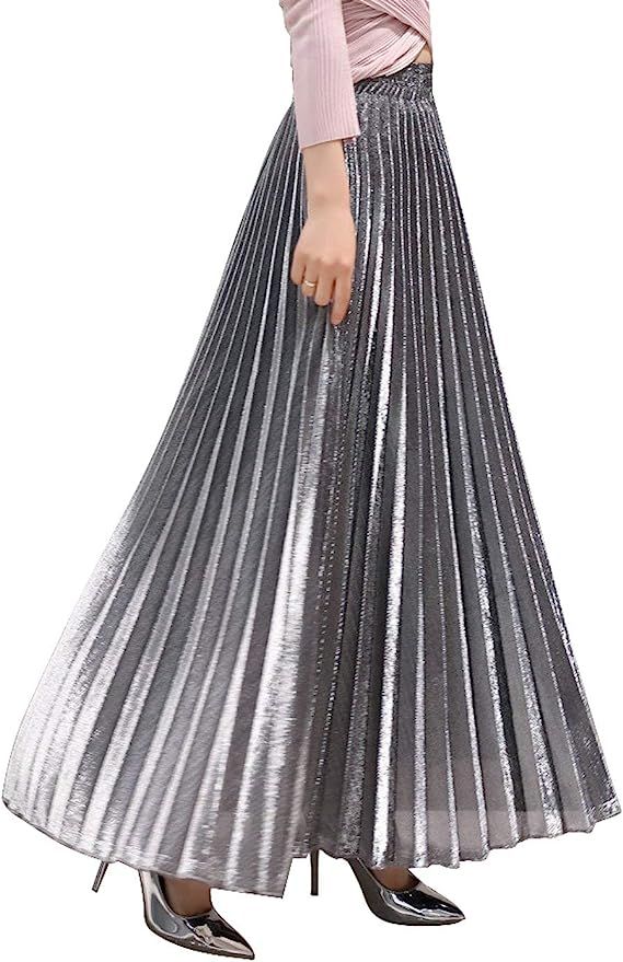 CHARTOU Women's Premium Metallic Shiny Shimmer Accordion Pleated Long Maxi Skirt | Amazon (US)