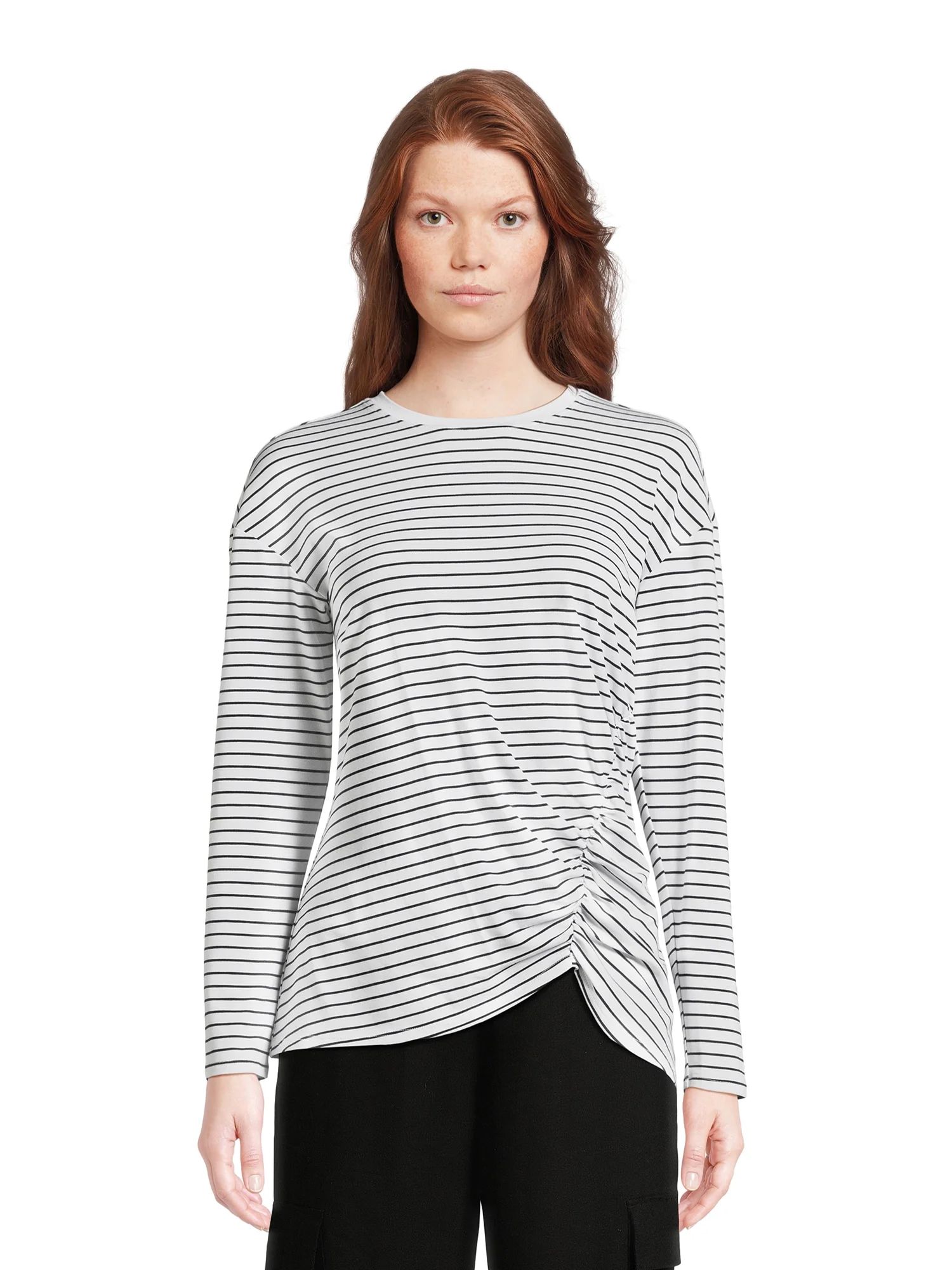 Time and Tru Women's Side Ruched Jersey Knit Top with Long Sleeves, Sizes XS-XXXL - Walmart.com | Walmart (US)