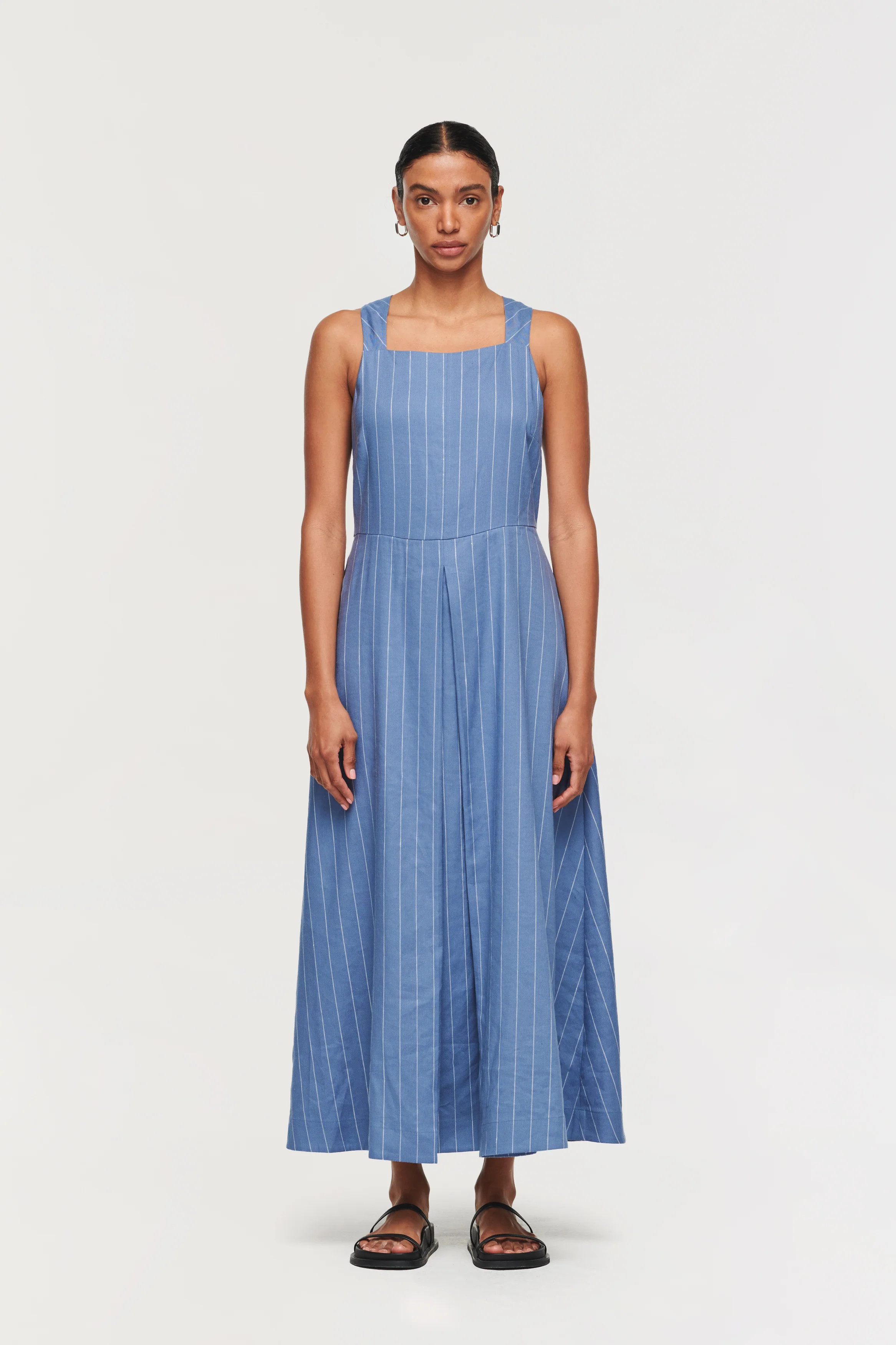 Madeline | Midi Dress in Blue Pinstripe | ALIGNE | ALIGNE UK & EU