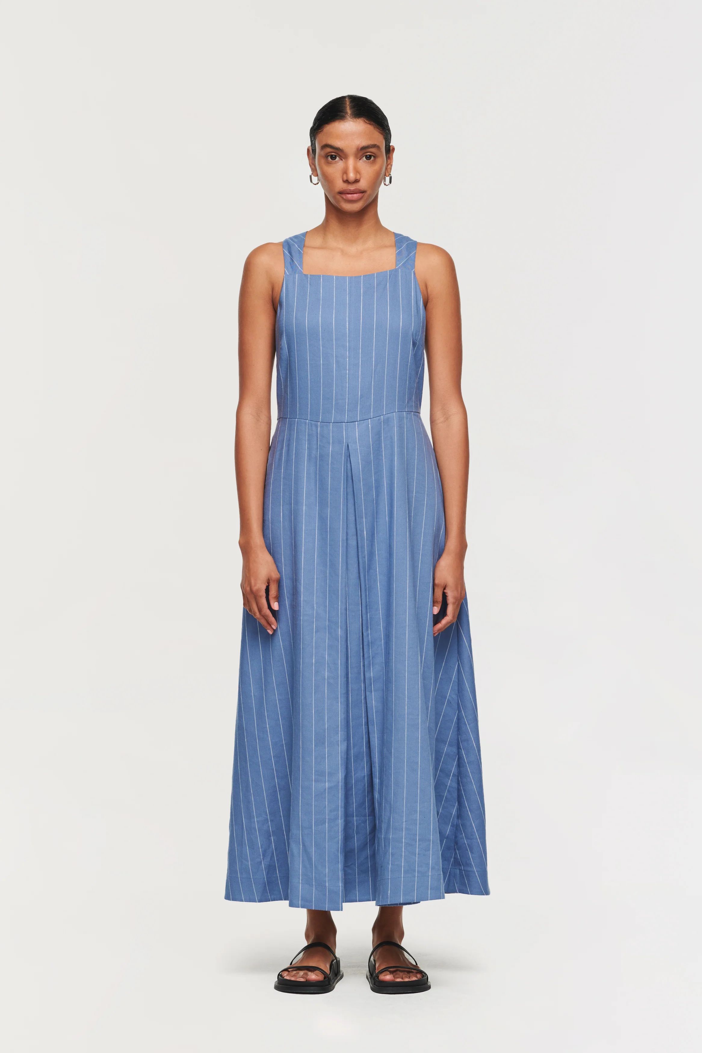 Madeline | Midi Dress in Blue Pinstripe | ALIGNE | Aligne UK