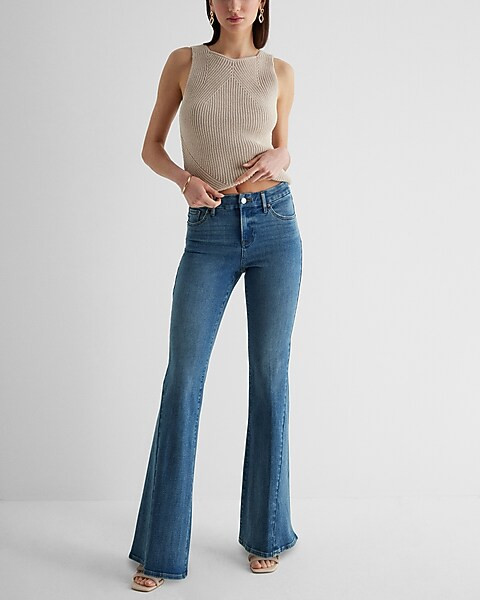 Mid Rise Dark Wash Twist Seam FlexX 70s Flare Jeans | Express