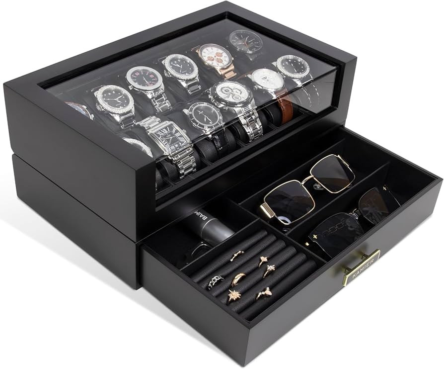 KAMIER High End Watch Box for Men, 12 Slot Wooden Watch Case With Drawer, Watch Display Box with ... | Amazon (UK)