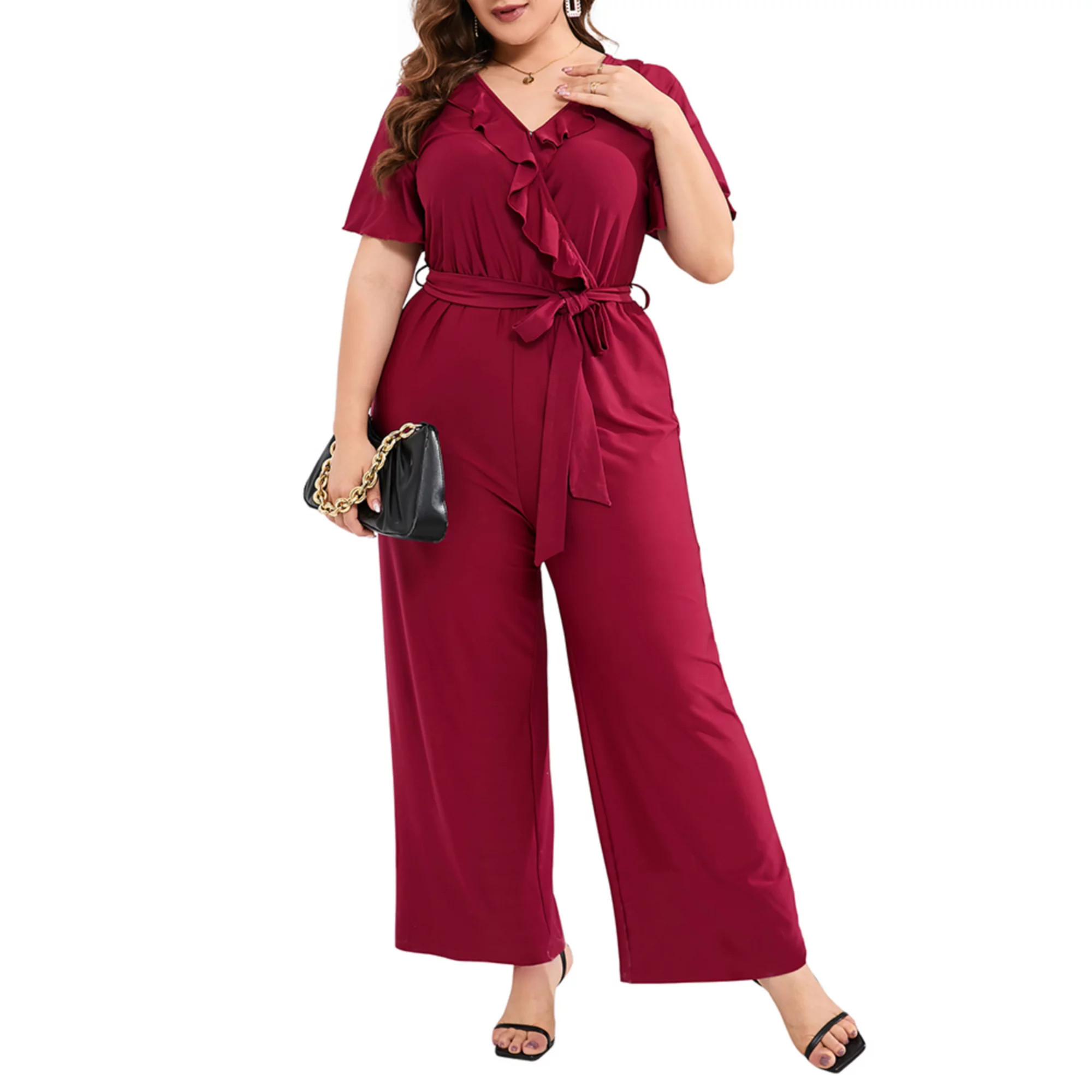 Women Plus Size Ruffle V Neck Short Sleeve Wide Leg Jumpsuits Summer Casual Belted Rompers | Kohl's