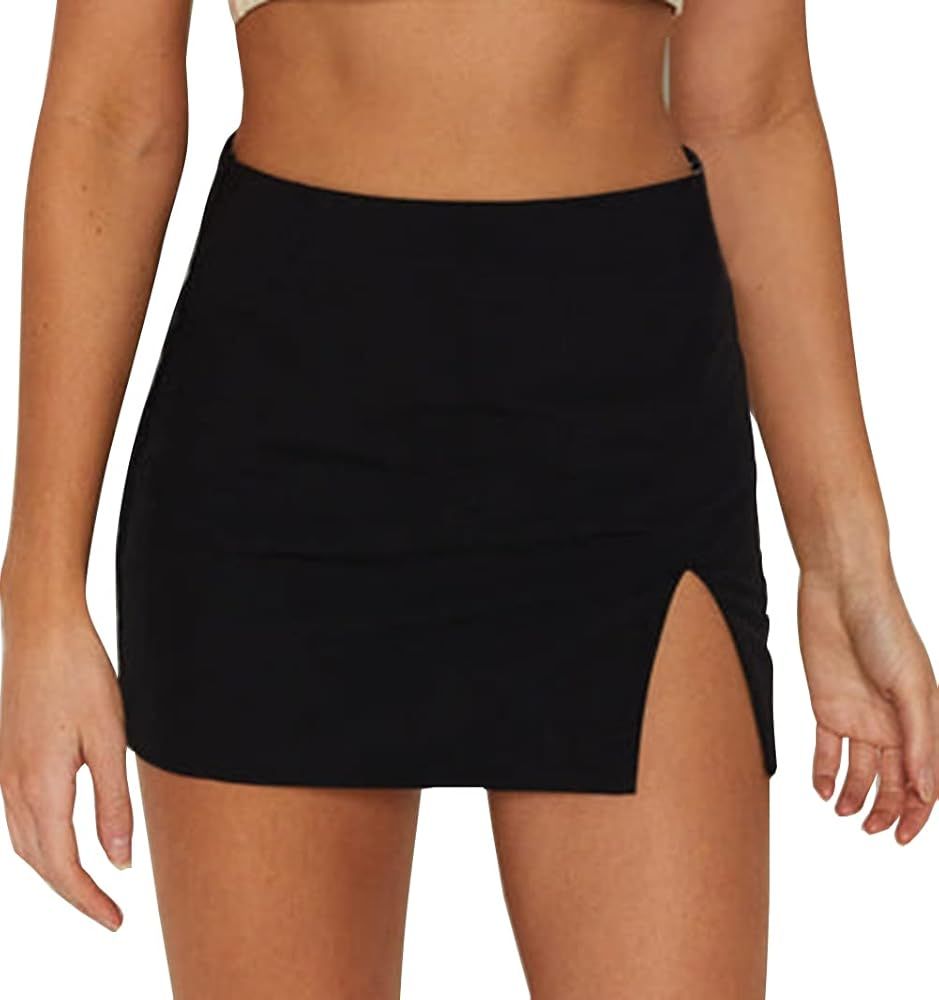 Wrotorea Womens Black Mini Skirt High Waist High Slit Sexy Bodycon Mini Skirt 0290 | Amazon (US)