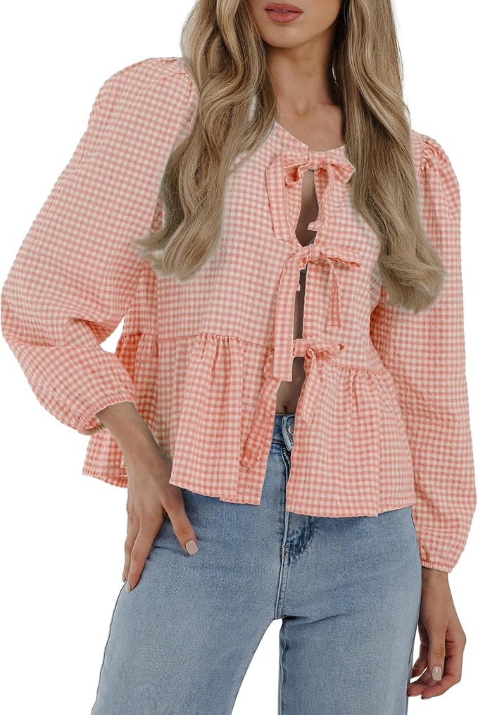 PRETTYGARDEN Women's Babydoll Peplum Blouse Shirt Puff Long Sleeve Bow Tie Front Trendy Cute Y2K ... | Amazon (US)