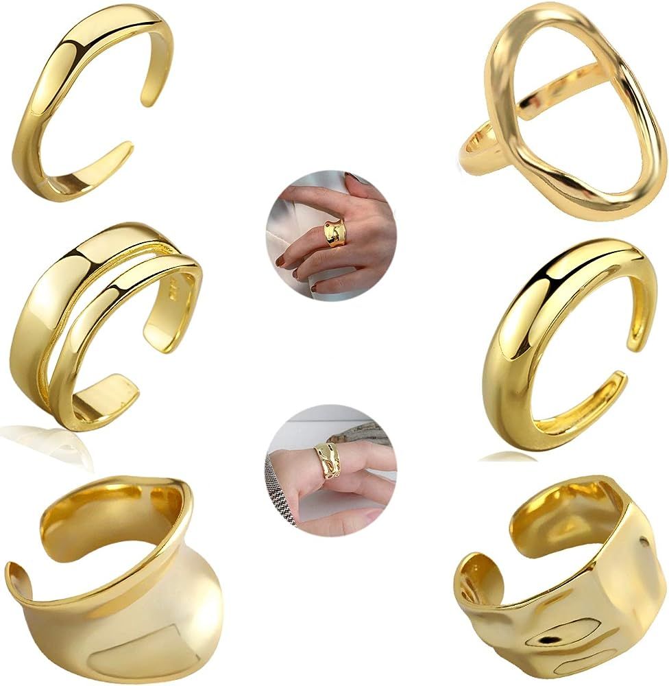 6 Pcs Chunky Gold Open Ring for Women Men Fashion Dome Rings Thick Minimalist Statement Ring Set ... | Amazon (US)