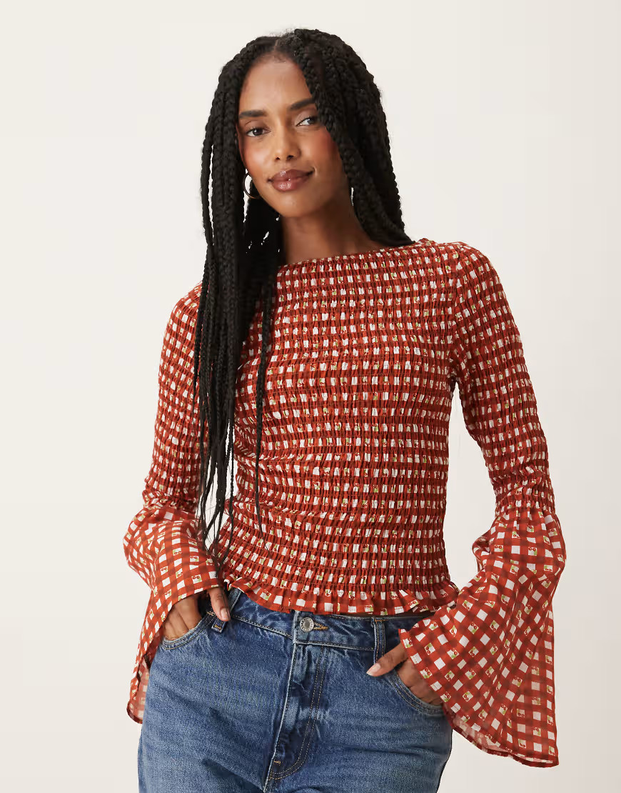 ASOS DESIGN shirred angel sleeve top in red gingham-Multi | ASOS (Global)