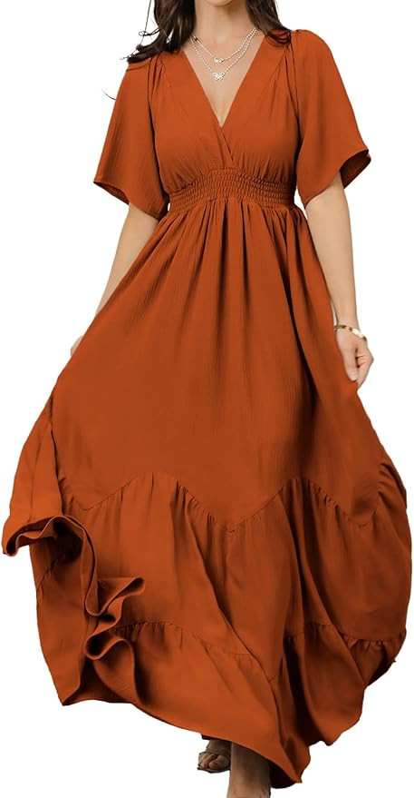 Miessial Women's Summer Short Sleeve Flowy Boho Maxi Dress Elegant V-Neck Casual Long Wrap Dress | Amazon (US)