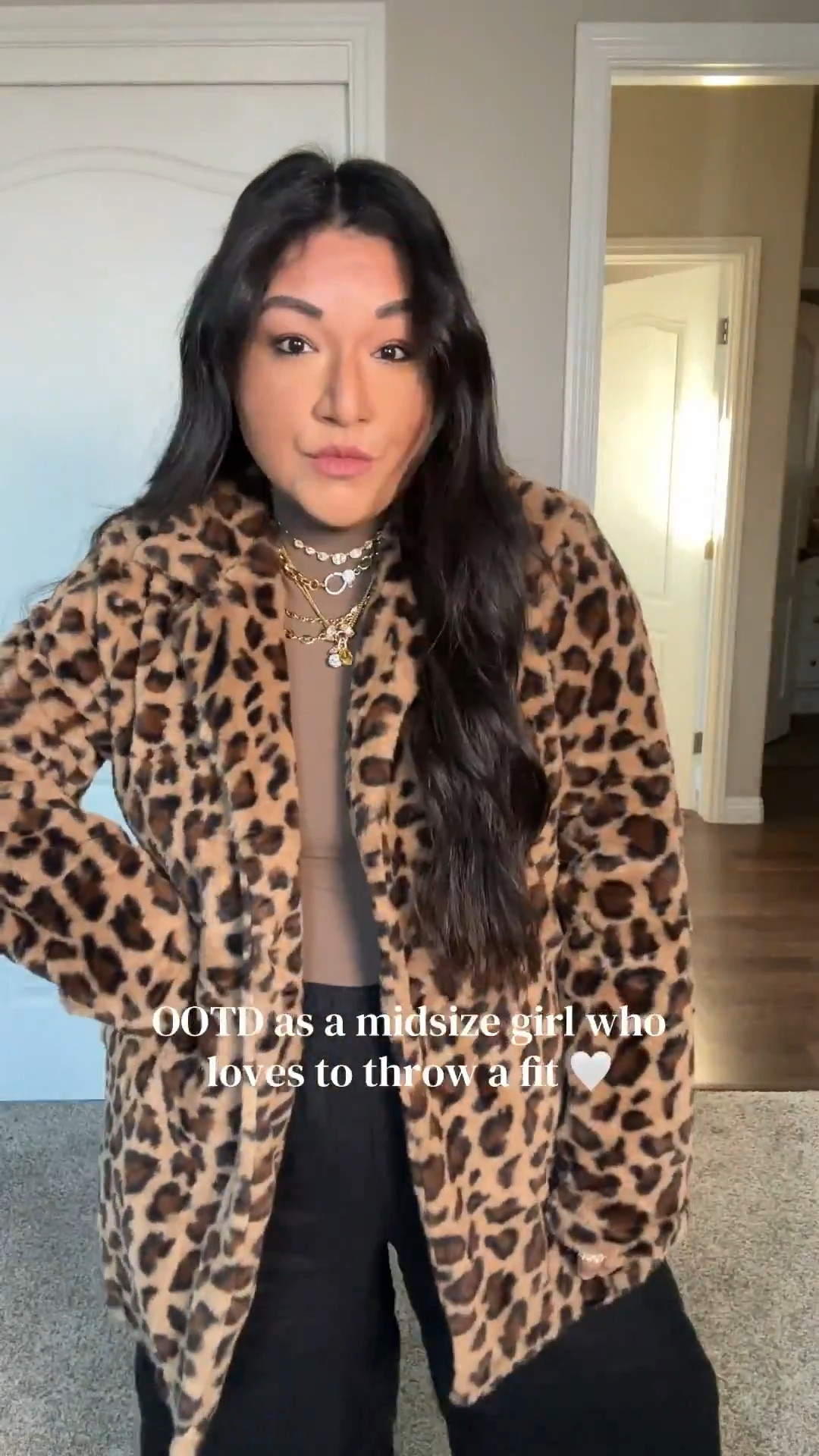 Animal print coat - in large , fits true to size 

Top - Pumiey bodysuit in Large - stretchy and true to size 

Black pants - in medium , relaxed fit and oversized. ( I see they have other colors now , but I linked similar ones ) 

#LTKMidsize #LTKootd