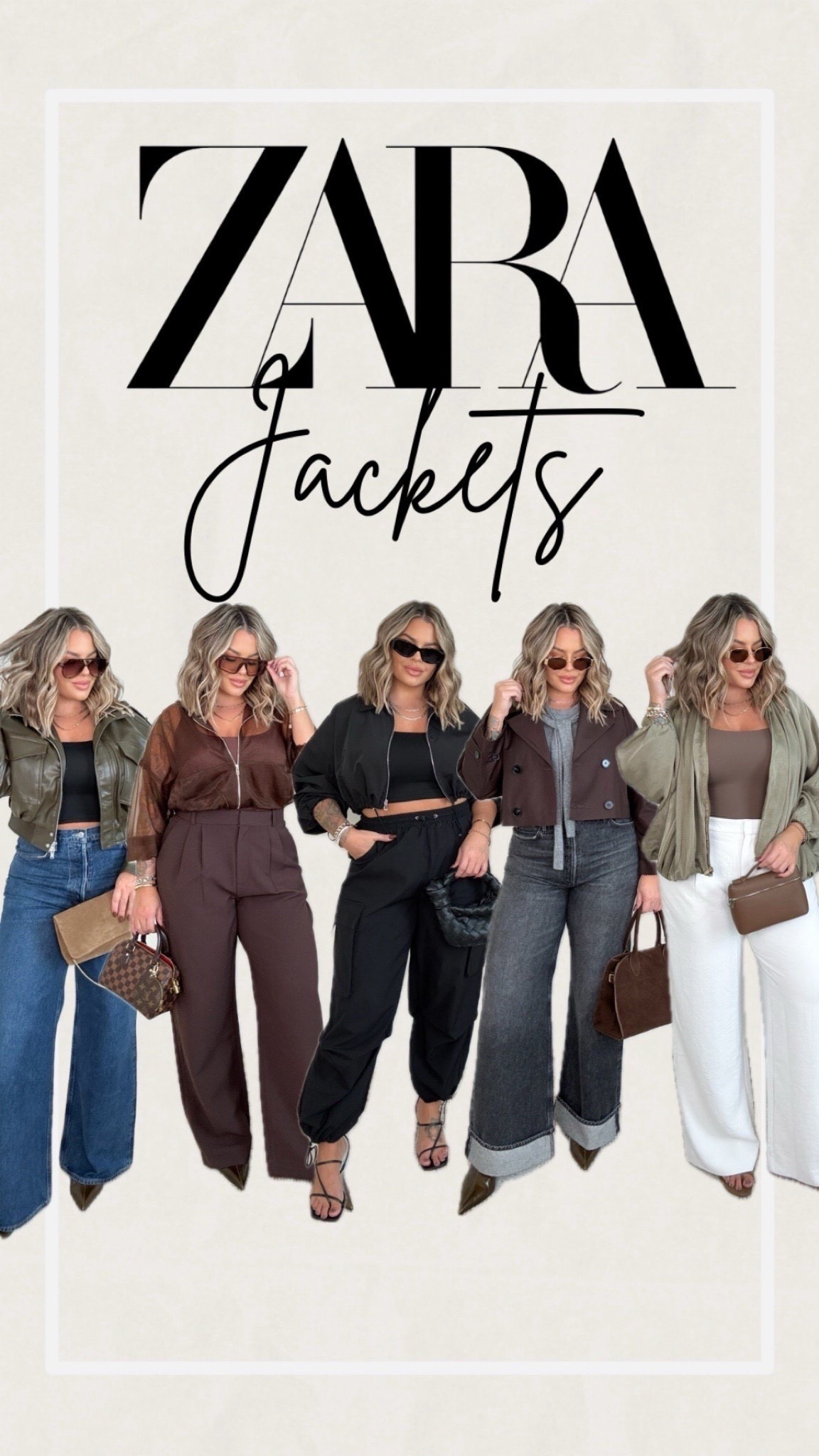 Left to right outfit details 
Left jeans are agolde ones linked but also linked an old navy style I have that are very similar. Size 31 in agolde and size 12L in old navy 
Black tank L 
Moto jacket XL 

Brown mesh jacket XL 
Brown tank under jacket L 
Brown trousers 32L I recommend sizing up because of the pleats. I also linked a great Amazon option I wear in a XL 

Black cropped bomber jacket size L 
Black tank L 
Black pants XL 

Brown cropped trench L 
Grey sweater tank XL 
Grey agolde jeans 31 

Green Zara jacket is sold out but they have it on Amazon I have the Amazon styles as well. Size L in those. 
Tank with cream pants is the same as the brown outfit but in a different shade size L I don’t remember what color it was off hand. 
Cream pants 32L I recommend sizing up because of the pleats 

Follow my LTK @shaynaslife on the @shop.LTK app to view this post and get my exclusive app-only content!

#liketkit 
@shop.ltk
https://liketk.it/5mFDK

Follow my LTK @shaynaslife on the @shop.LTK app to view this post and get my exclusive app-only content!

#liketkit 
@shop.ltk
https://liketk.it/5n6U6