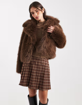 Miss Selfridge faux fur crop jacket in chocolate | ASOS (Global)