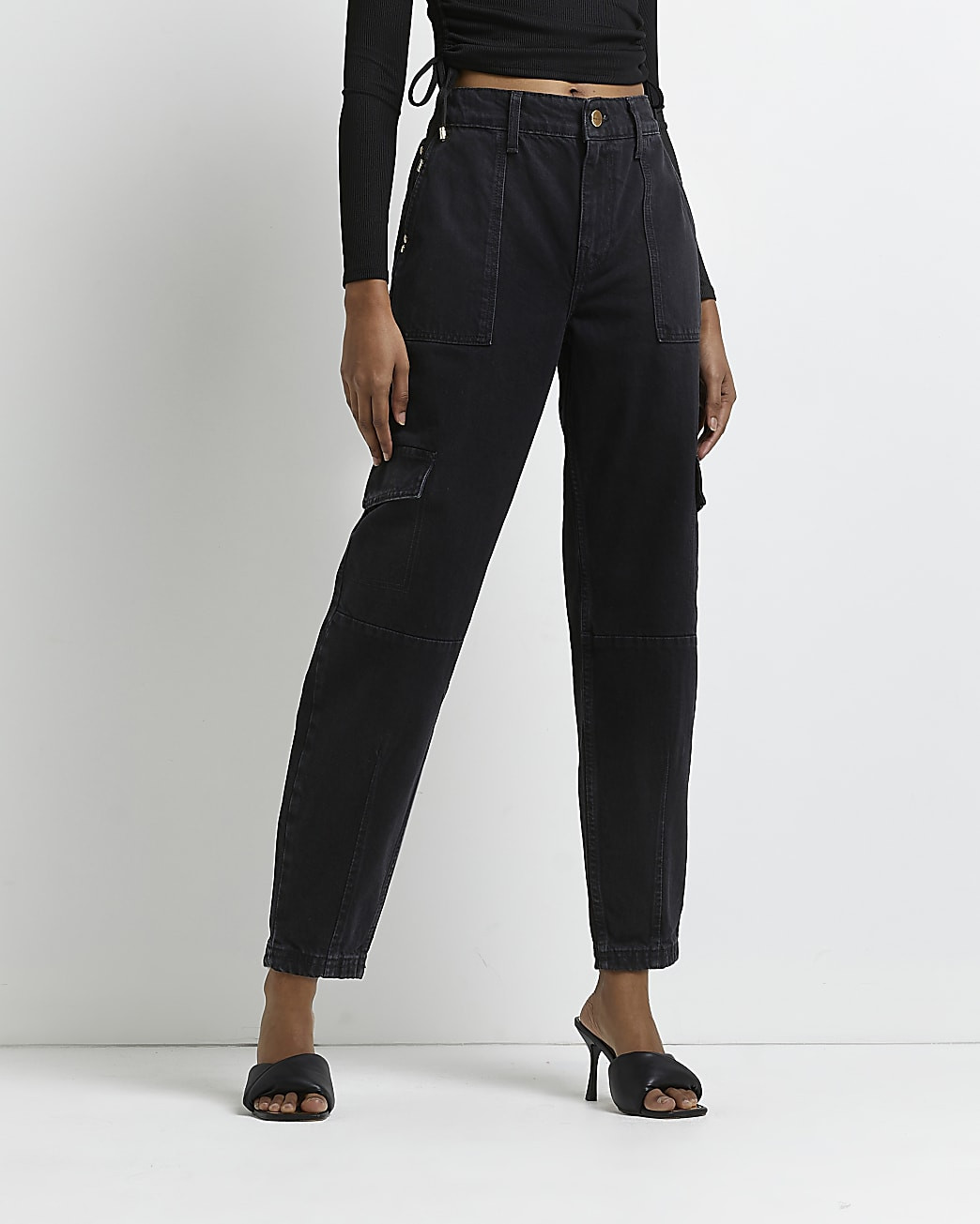 River Island Womens Black high waisted tapered cargo jeans | River Island (US)