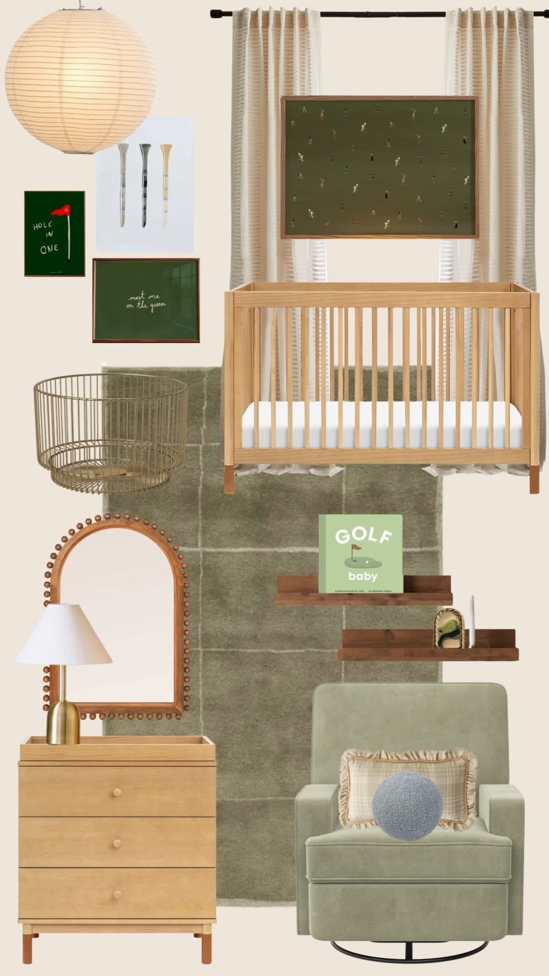 A modern golf nursery, but kept soft and subtle ⛳️

I wanted this space to feel calm and design-forward while still nodding to the golf theme. The green grid rug became the starting point (a little putting-green moment), and from there I layered warm wood tones, cozy textures, and playful golf-inspired art without making it feel overly themed.

This version leans more modern and minimal — perfect if you love a themed nursery that still feels timeless and can grow with your little one.

#LTKBaby #LTKHome #LTKBump