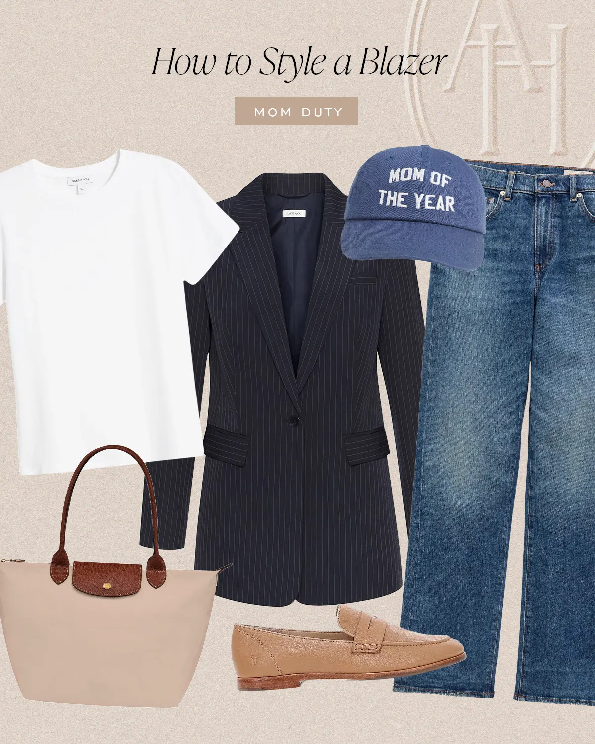 Report for mom duty with this pinstripe blazer, a classic white tee, the cutest baseball hat, and a great pair of jeans with leather loafers.  

 #LTKootd