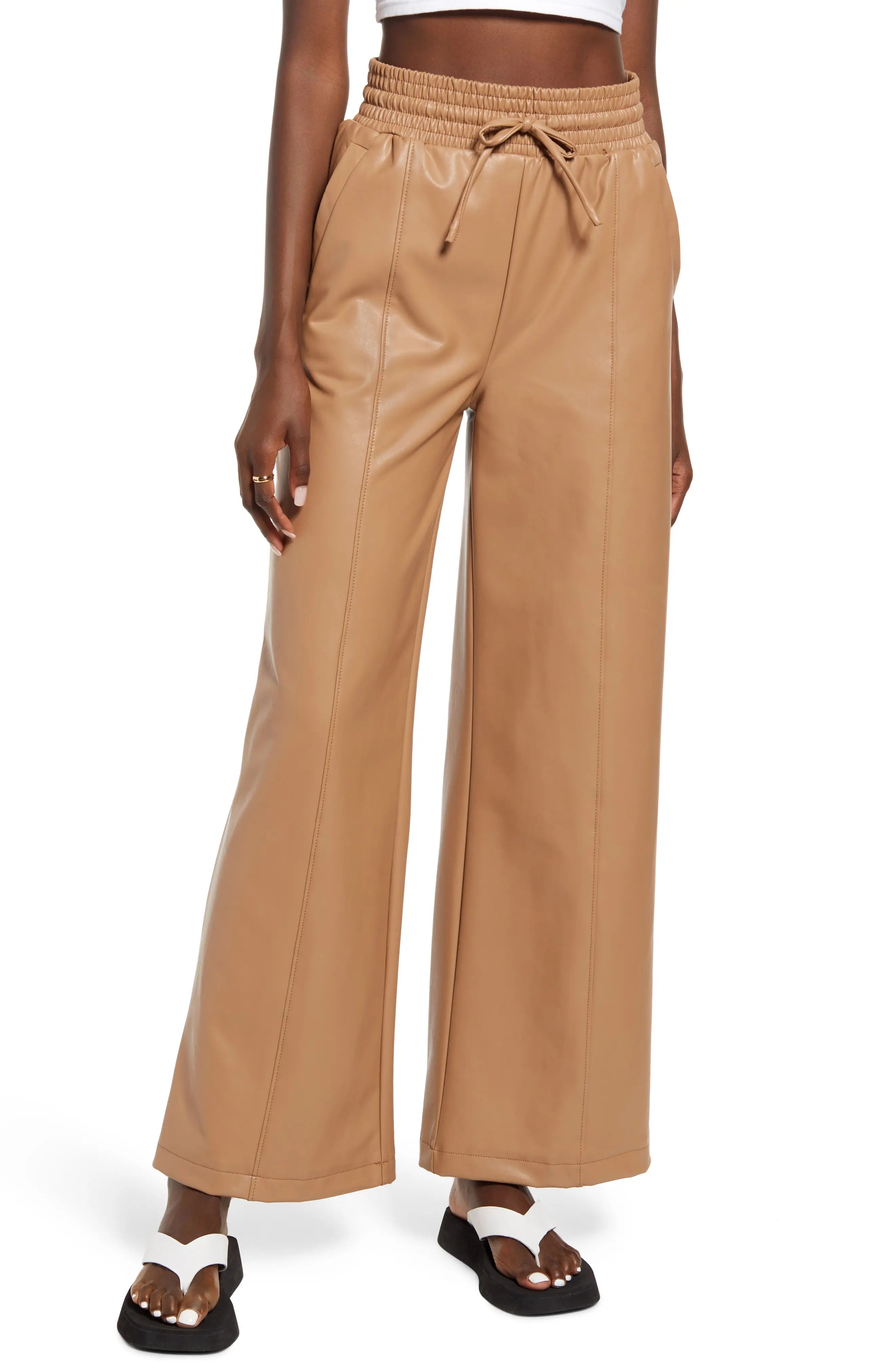 Open Edit Faux Leather Wide Leg Pants, Size Large in Tan Smoke at Nordstrom | Nordstrom