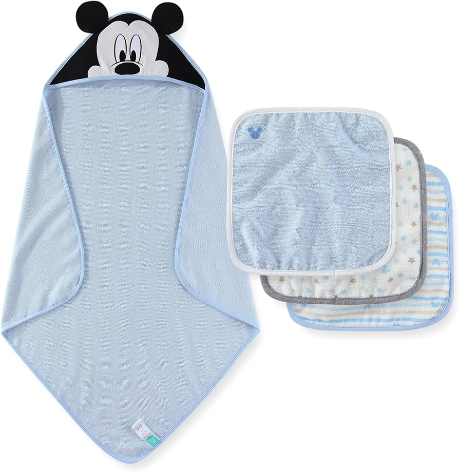 Disney Baby Boys Mickey Mouse Hooded Bath Towel with 3 Washcloths Set for Newborn and Infants | Amazon (US)