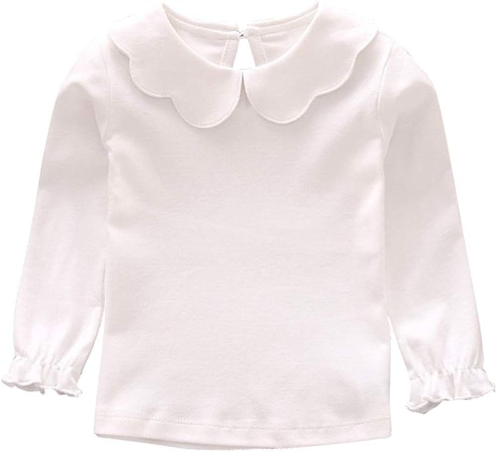 Amazon.com: Baby Girl Kids Blouses Long Sleeves Solid Color Doll Collar T-Shirt Top Bottom (White... | Amazon (US)