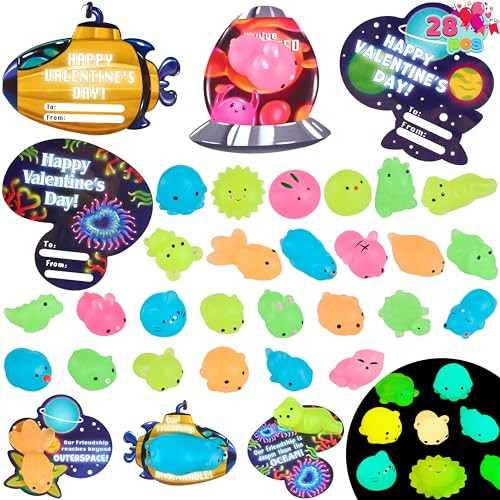 JOYIN 28 Packs Valentines Day Gift Cards with Mochi Squishy Toys, Glow in The Dark Mochis, Stress Relief Fidget Toys for Kids Valentine's Party Favors, Classroom Exchange School Prizes | Amazon (US)