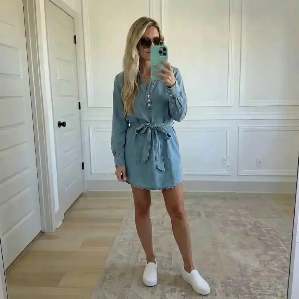 Soft morning light, a clean white paneled room, and effortless denim. A blonde woman takes a mirror selfie wearing a chambray shirt dress cinched at the waist, sleeves casually rolled, paired with crisp white slip-on sneakers. The look is relaxed, polished, and quietly confident—modern coastal meets everyday chic. Neutral textures, natural light, and an unfussy silhouette create an easy, timeless moment that feels both put-together and lived-in.

Hashtags
#EffortlessStyle #DenimDress #EverydayChic #CasualPolished #NeutralAesthetic
#ModernClassic #CoastalVibes #SimpleOutfit #MirrorStyle #WeekendLook
#MinimalMood #CleanLines #StyleInspo #ChicComfort #TimelessFashion

#LTKgrwm #LTKdayinmylife #LTKValentine