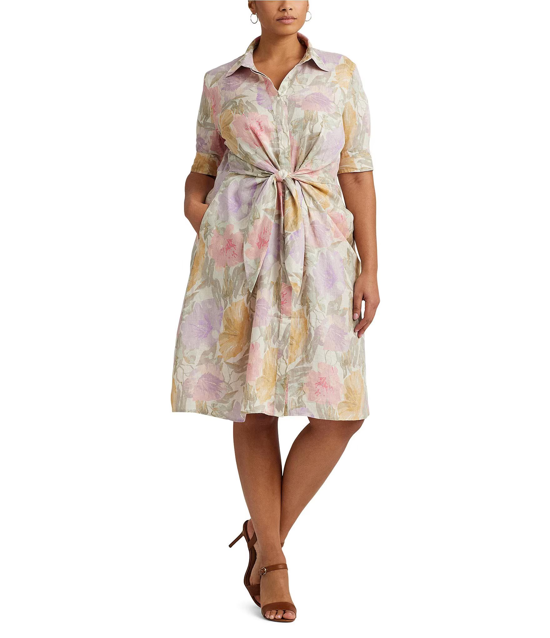 Lauren Ralph Lauren Plus Size Wakana Floral Tie Front Linen Midi Dress | Dillard's | Dillard's