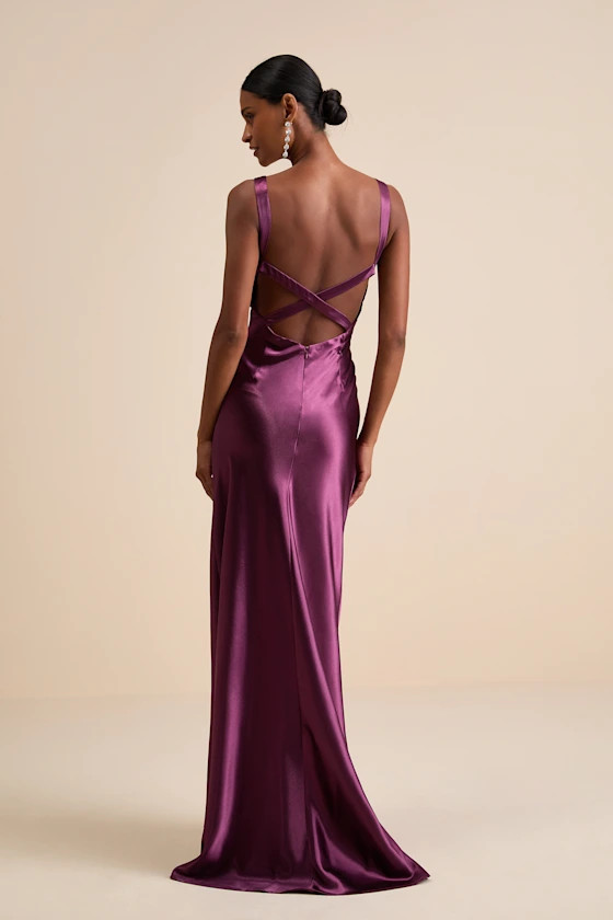 Perfectly Classy Plum Purple Satin Strappy Maxi Dress Mexico Wedding Guest Dress Mexico Dresses | Lulus