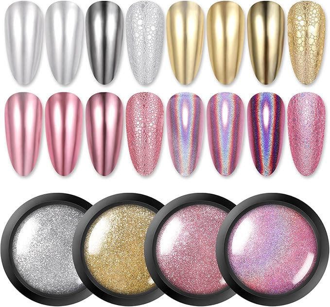 Born Pretty Chrome Nail Powder Metallic Mirror Powder Holographic Pigment Powder Manicure Nail Ar... | Amazon (US)
