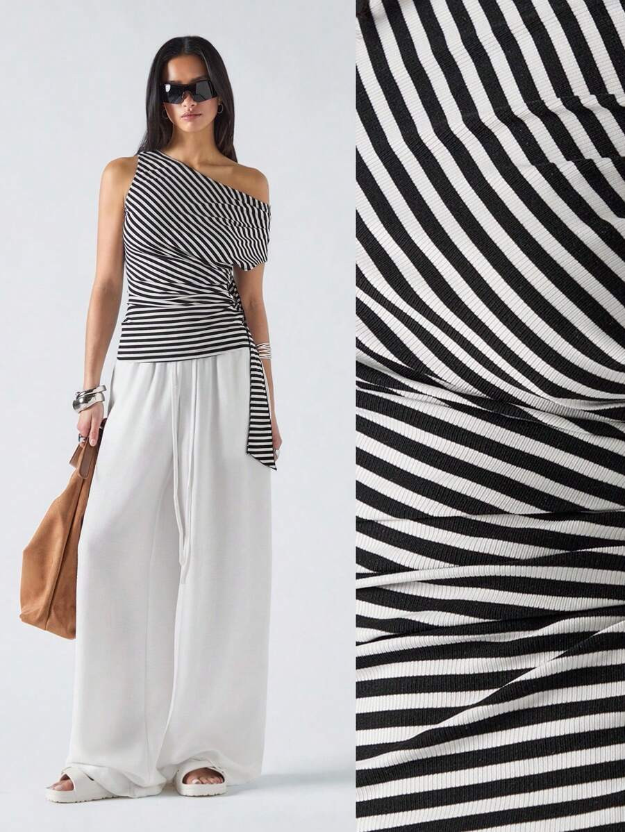 LYSMO Women's Spring And Summer Black And White Stripes, Off-Shoulder T-Shirt, Asymmetrical Neckl... | SHEIN