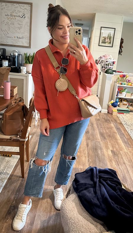 Fall ootd // zip pullover sweater in size large / my fav jeans tts / crossbody casual bag & white sneakers / midsize mom outfit / Amazon sweater 

#LTKstyletip #LTKmidsize