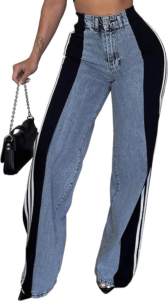 Angsuttc Jeans for Women Trendy Patchwork Stripes Denim Color Contrast High Rise Jean Straight Wi... | Amazon (US)