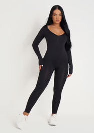 Amelia Black Seamless Long Sleeve Plunge Jumpsuit | Missy Empire | Missy Empire (UK)
