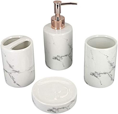 G Decor Designer 4-Piece Cream-White and Rose Gold Marble Ceramic Bathroom Accessory, Includes Li... | Amazon (UK)