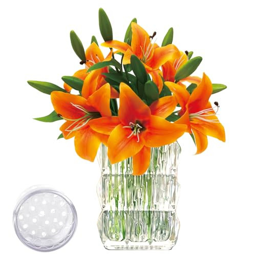 florailune 6Pcs Lilies Artificial Flowers Orange Lilies Real Touch Tiger Lily Fake Lillies for Cemetery Wedding Home Party Office Decor Easter Lily Flowers Artificial | Amazon (US)