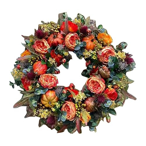 Fall Wreath for Front Door, 18 Inch Fall Peony and Pumpkin Wreath Halloween Wreath, Fall Decorations for Home Autumn Farmhouse Pumpkin Wreath for Thanksgiving Halloween Seasonal Home Decor A | Amazon (US)