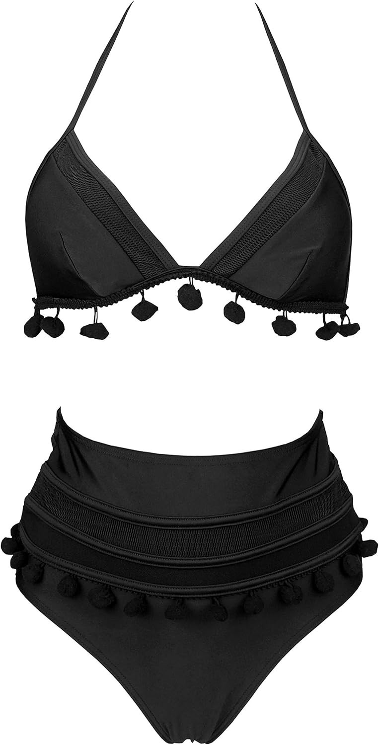 COCOSHIP Women's Mesh Striped High Waist Bikini Set Tassel Trim Top Halter Straps Swimsuit(FBA) | Amazon (US)