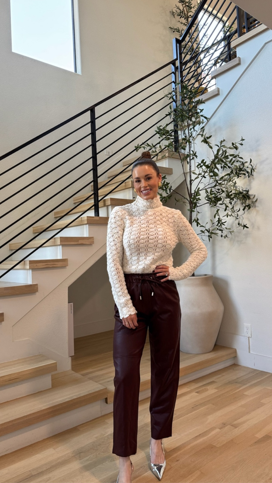 These maroon faux leather pants from Zara are a must! Also comes in black. They’re also on sale right now for 40% off!

These fit so well, have pockets, and an elastic waistband. Very comfortable. A little bit of a cropped look on me — I’m 5’6. The details on this ivory top are also stunning!

#LTKSaleAlert #LTKootd #LTKgrwm