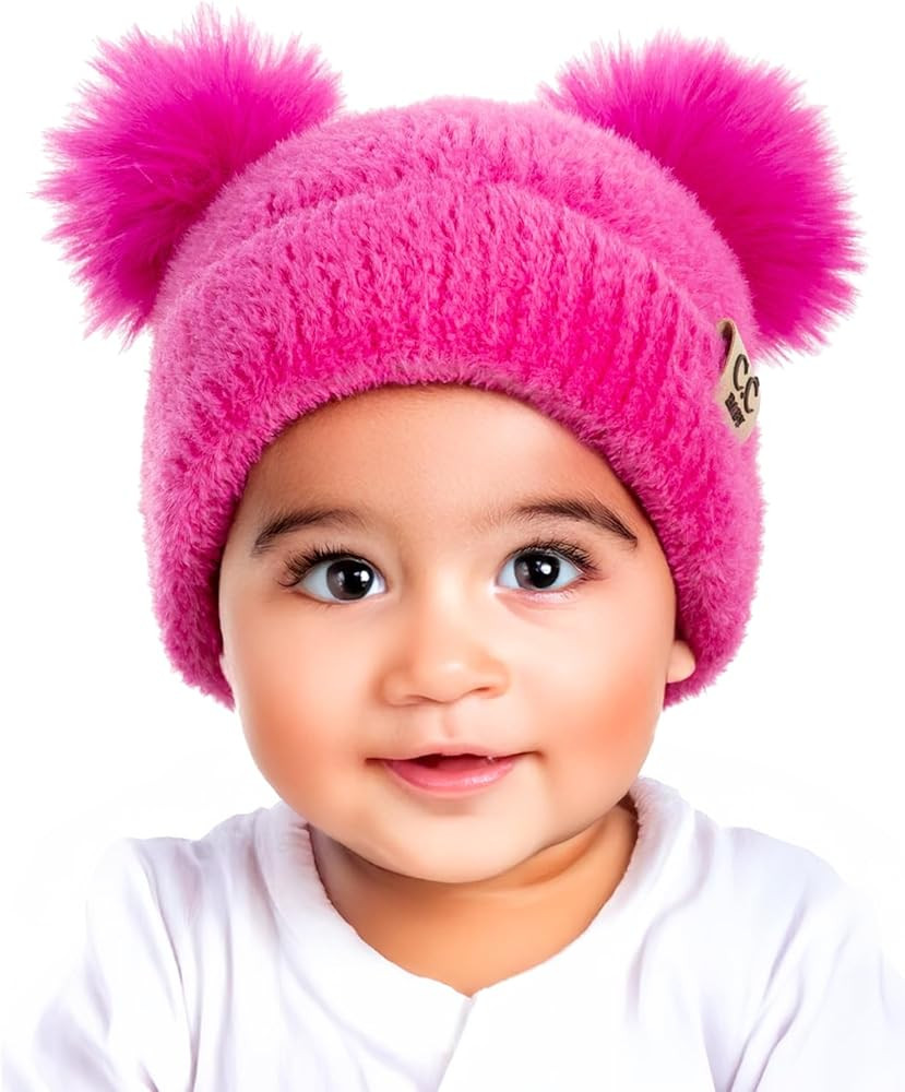 Funky Junque Infant Beanie Baby Girl Boy Winter Hats Chenille Earflap Ribbed Faux Fur Double Pom ... | Amazon (US)