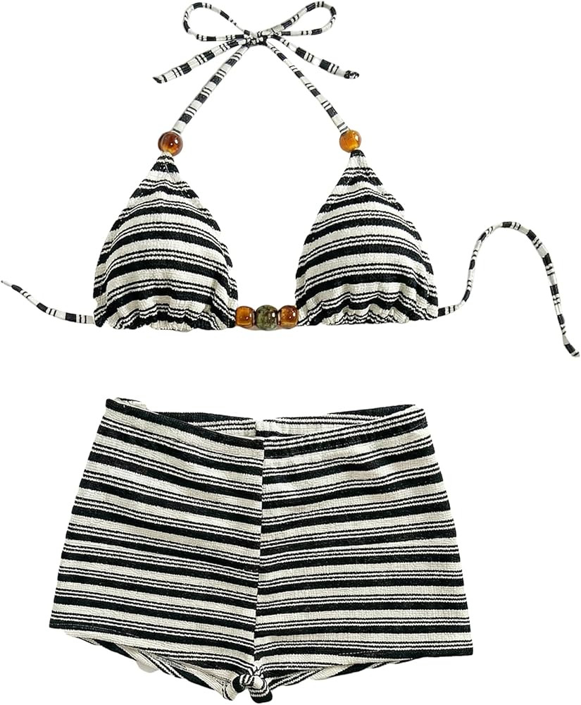 BEAUDRM Women's 2 Piece Bikini Sets Y2K Striped Triangle Boyshorts Bikini High Waisted Bathing Suit String Cheeky Swimsuits | Amazon (US)